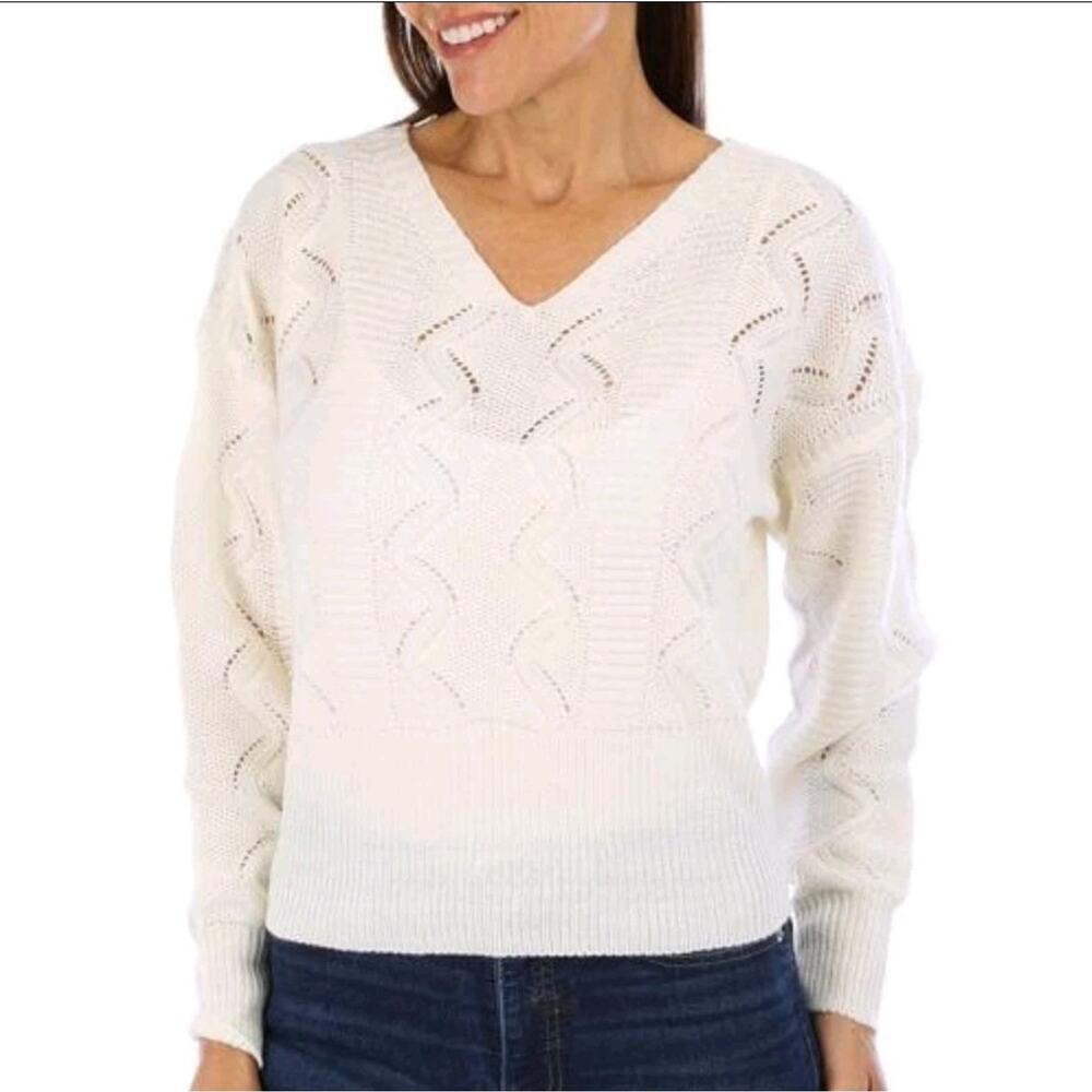 FCT X Large White Cable Knit Sweater – V-Neck & Back Strap Detail – 100% Acrylic